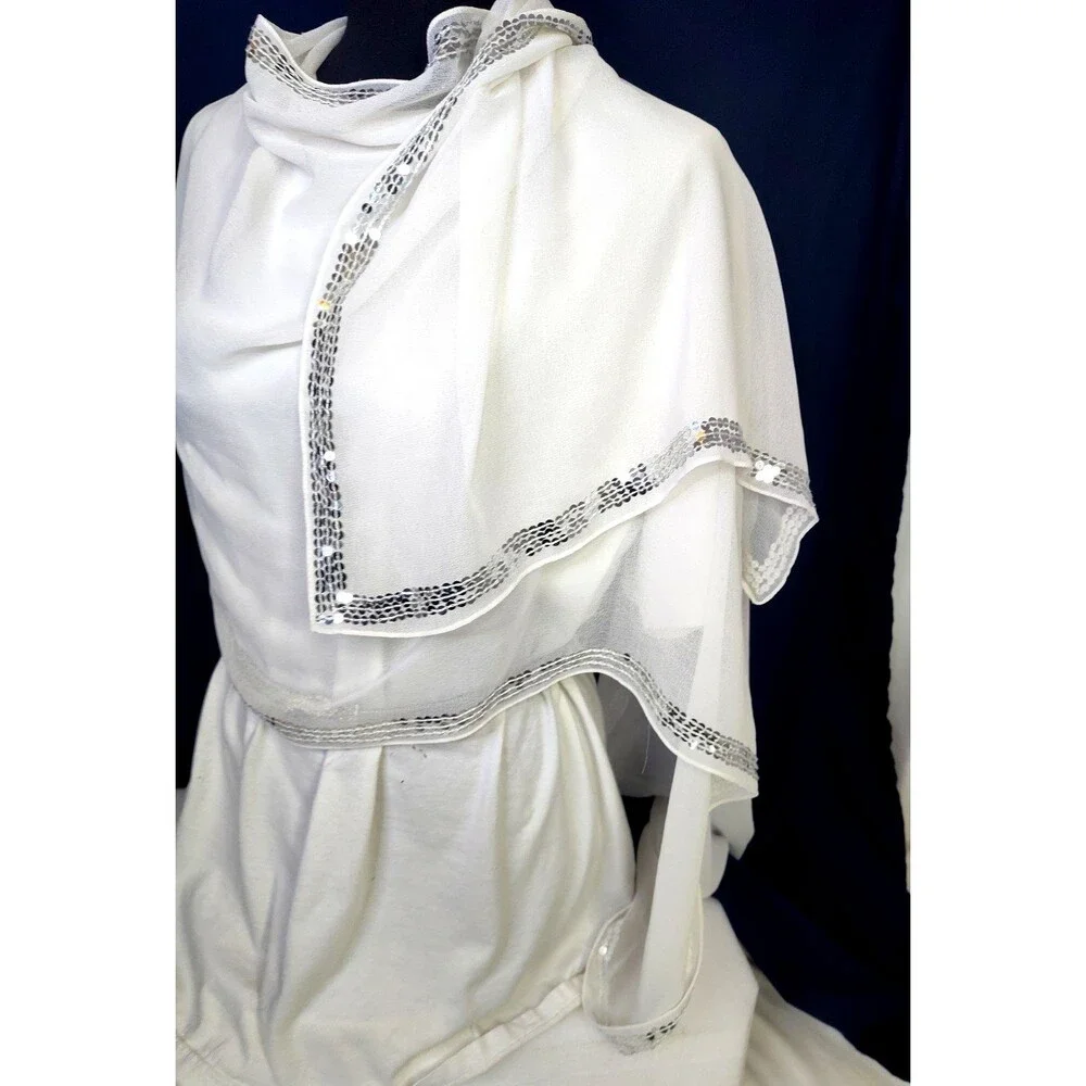 Women's Beaded Evening Trim Chiffon Lightweight Scarf Wrap White Sheer  75